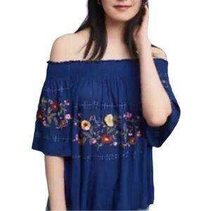 Ranna Gill Embroidered Off-Shoulder Blue Top